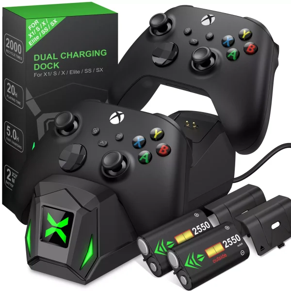 Type-C Charger Dock For Xbox One/Xbox One S/X/Xbox Series X/S Wireless Controller + 2 x 2550mAh Rechargeable Battery With Covers
