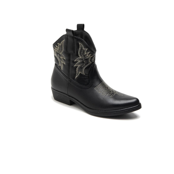 BLACK COWBOY BOOTS GOLD EMBROIDED FLAT WESTERN ANKLE BOOTS