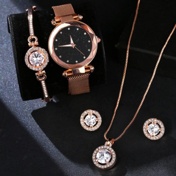 Luxury Women Watches Crystal Bracelet Stud Earring Necklace Set Ladies Watch Casual Quartz Wristwatch Set - Image 3