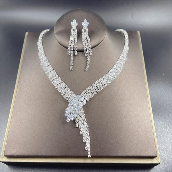 Silver Color Rhinestone Crystal Bridal Jewelry Set Earrings Necklace Wedding Geometric Elegant Romantic Bridesmaid Jewelry Sets - Image 4