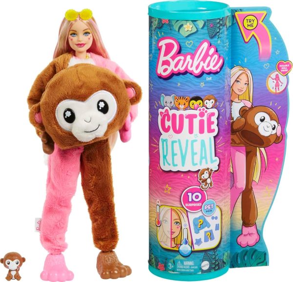 ​Barbie Dolls and Accessories, Cutie Reveal Doll with Monkey Plush Costume & 10 Surprises Including Color Change, Jungle Series