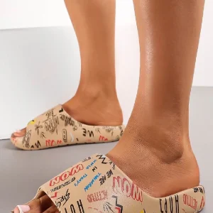 KHAKI FLAT SOLE RUBBER SLIDES SANDALS SLIDERS