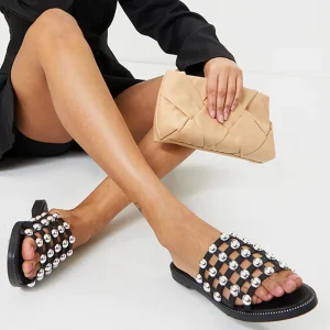 PU Studded Caged Slider Sandals