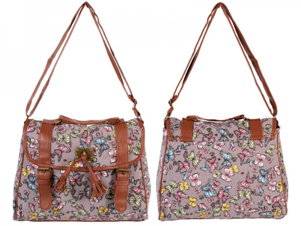 Butterfly print canvas shoulder bag with tassel and buckle detail