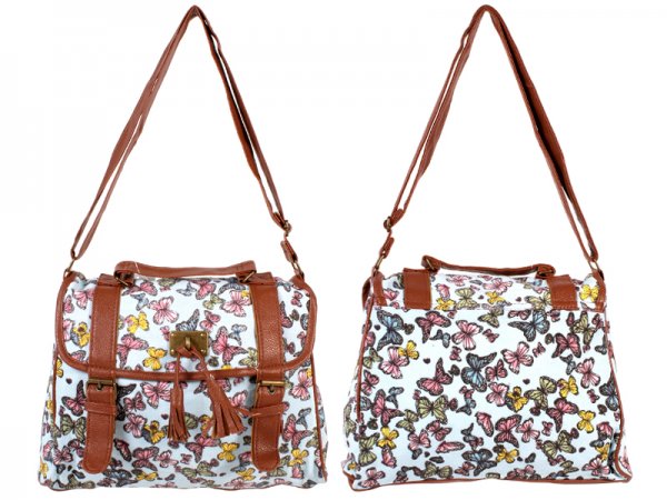 Butterfly print canvas shoulder bag with tassel and buckle detail - Image 2