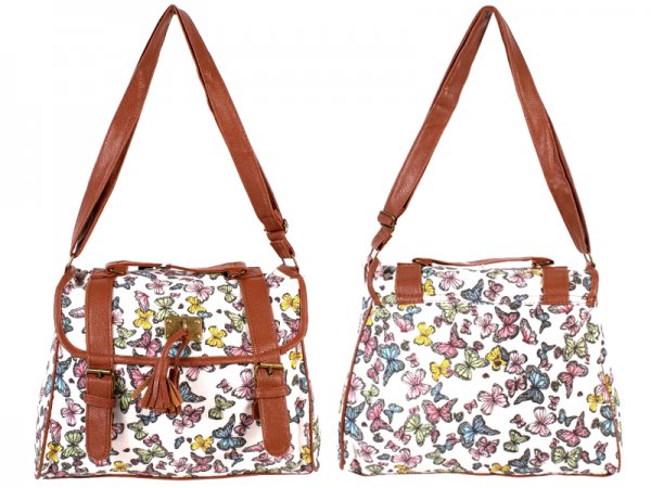 Butterfly print canvas shoulder bag with tassel and buckle detail - Image 3