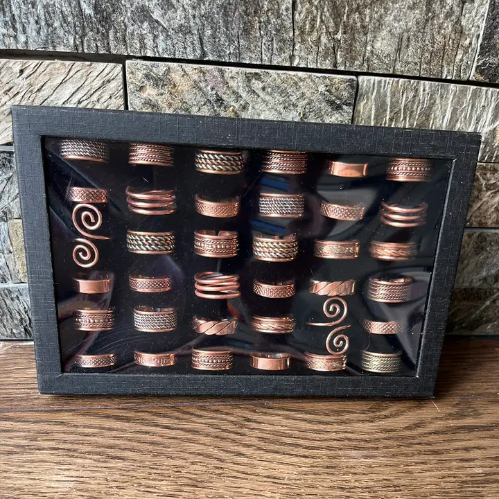 Box of 36 Assorted Adjustable Copper Rings – Mixed Designs with Display Box (Made in India)