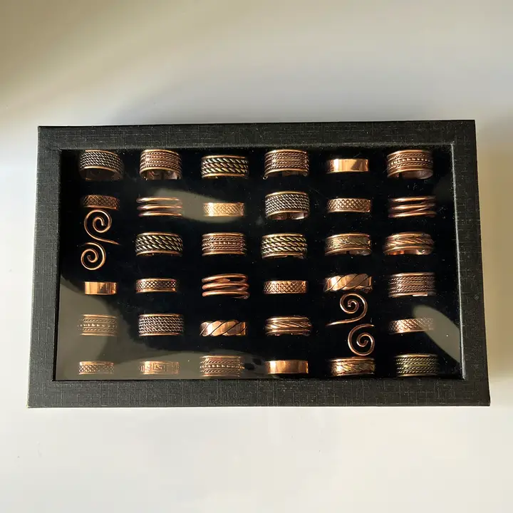 Box of 36 Assorted Adjustable Copper Rings – Mixed Designs with Display Box (Made in India) - Image 2