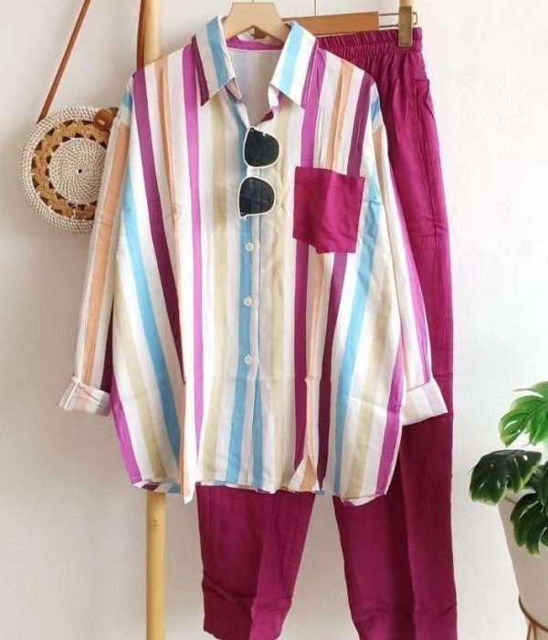 2025 Southeast Asian Women's Set Fashion Women's Loose Slimming Comfortable Casual Striped Shirts Set Plus Size 5XL - Image 4