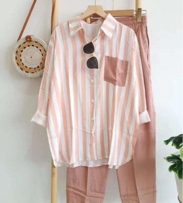 2025 Southeast Asian Women's Set Fashion Women's Loose Slimming Comfortable Casual Striped Shirts Set Plus Size 5XL - Image 2