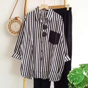 2025 Southeast Asian Women's Set Fashion Women's Loose Slimming Comfortable Casual Striped Shirts Set Plus Size 5XL