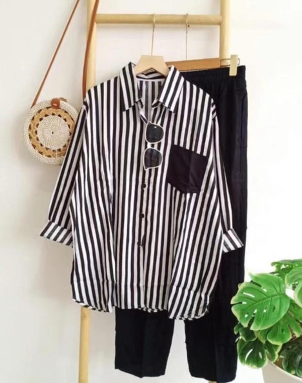 2025 Southeast Asian Women's Set Fashion Women's Loose Slimming Comfortable Casual Striped Shirts Set Plus Size 5XL