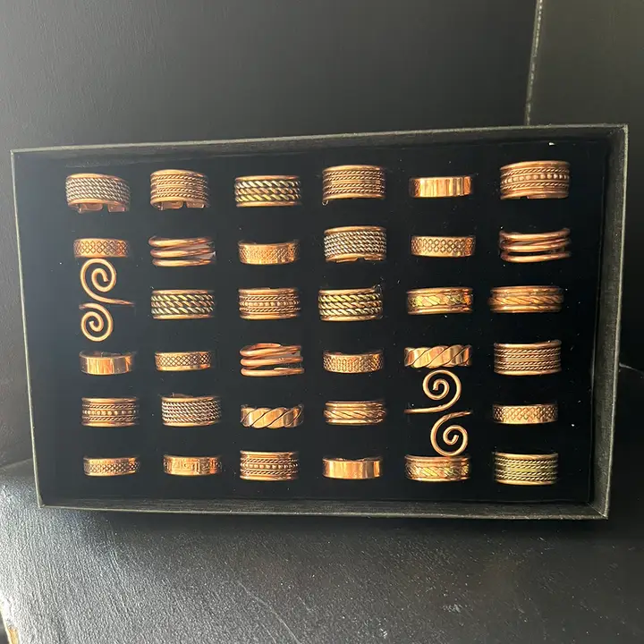 Box of 36 Assorted Adjustable Copper Rings – Mixed Designs with Display Box (Made in India) - Image 3
