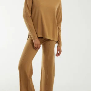 High Neck Jumper & Wide Leg Lounge Set – Camel Colour, 100% Polyamide Knit
