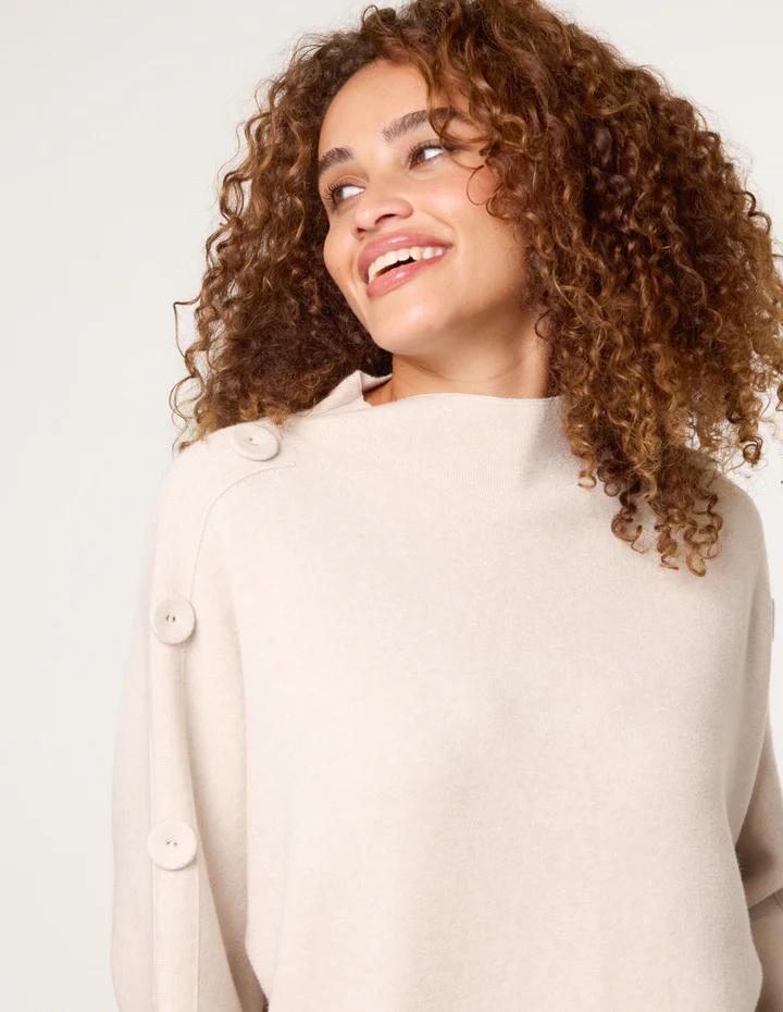 High Neck Fabric Button Sleeve Jumper – Beige Oversized Knit Sweater for Everyday Comfort