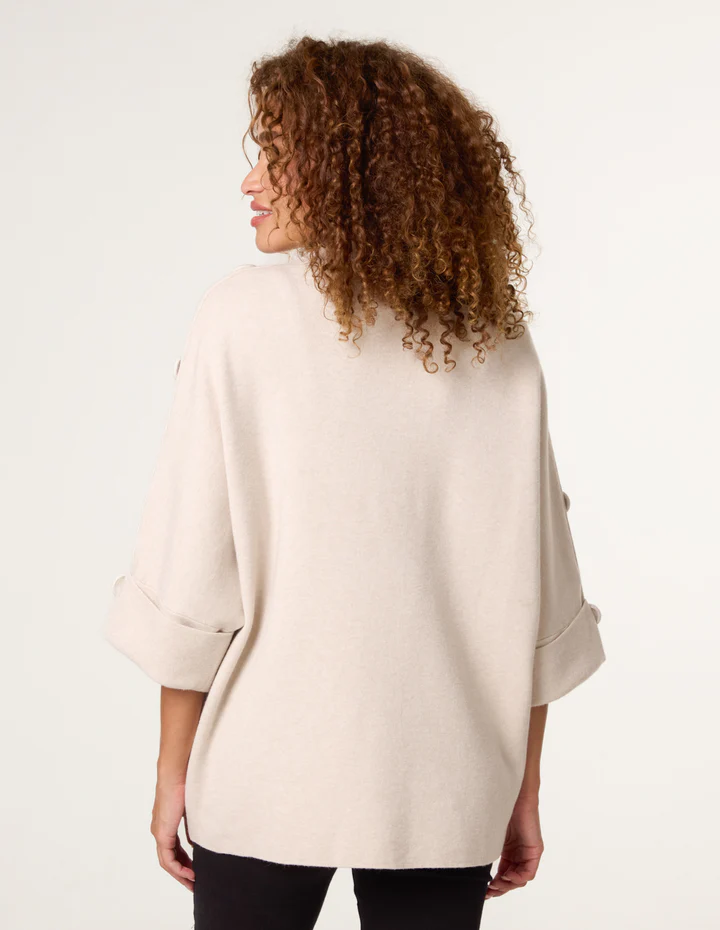 High Neck Fabric Button Sleeve Jumper – Beige Oversized Knit Sweater for Everyday Comfort - Image 2