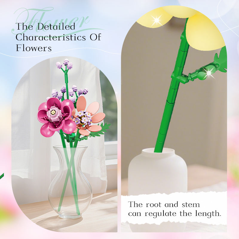 Woma 13-Flower Bouquet Building Blocks Set – 726 PCS DIY Plastic Brick Toy for Kids & Adults | Decorative Construction Kit | ABS Material | Ages 6+ - Image 4