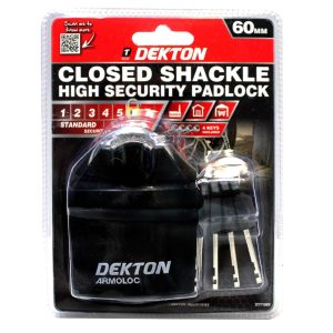 Dekton 60mm Closed Shackle High Security Padlock with 4 Keys – Heavy Duty Hardened Lock